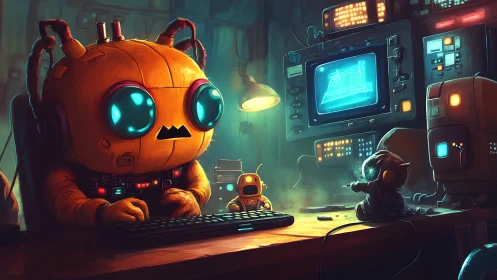 Orange robot operating console in dim control laboratory.