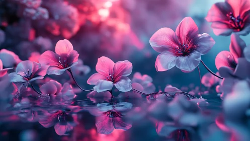 Pink flowers float above calm water surface with gradient sky backdrop.
