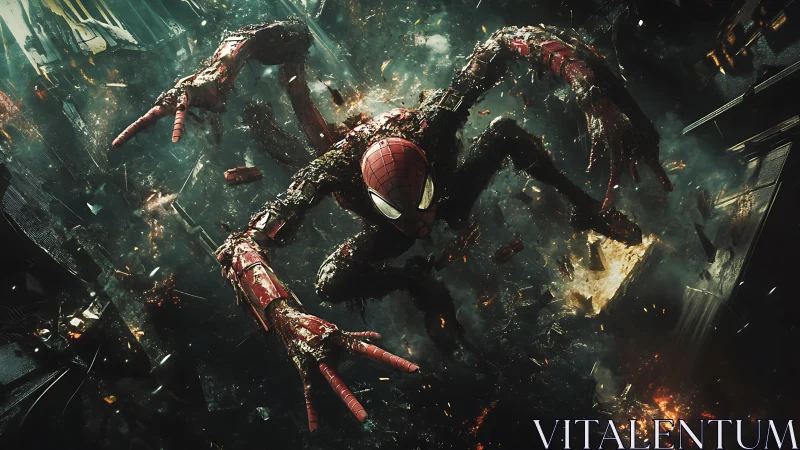 Cybernetic spider hero dives through shattering neon chaos.