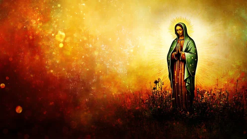 Digital painting of luminous robed figure in radiant field.