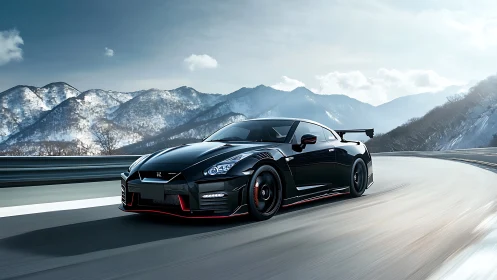 Obsidian supercar slices through a frozen mountain curve.