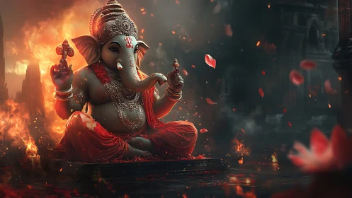Majestic Ganesha idol glows amid swirling fire and petals