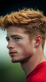 Red-haired young man portrait in soft outdoor light.