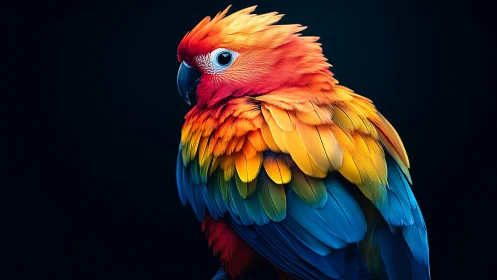 Vibrant Parrot Portrait with Colorful Feathers on Dark Background.