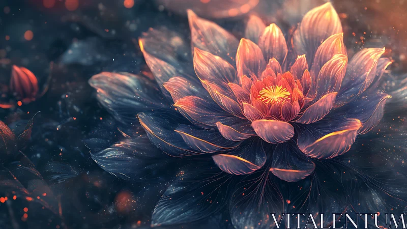 Digital rendering of luminous multi-petaled flower form.