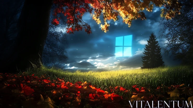 Night meadow landscape with glowing blue window symbol in sky.