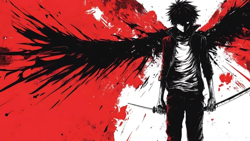 Dark-winged swordsman stands amid red splatter chaos.