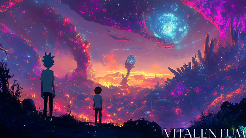 Bilateral silhouettes survey neon nebular alien valley at dusk