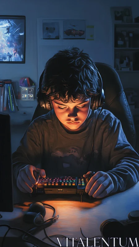 Glow-lit gamer kid guarding a rainbow keyboard kingdom.
