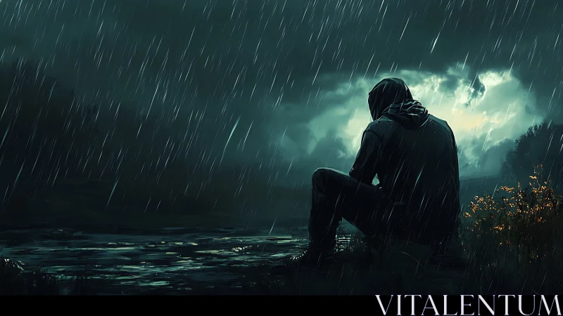 Solitary figure contemplates a stormy night beside water