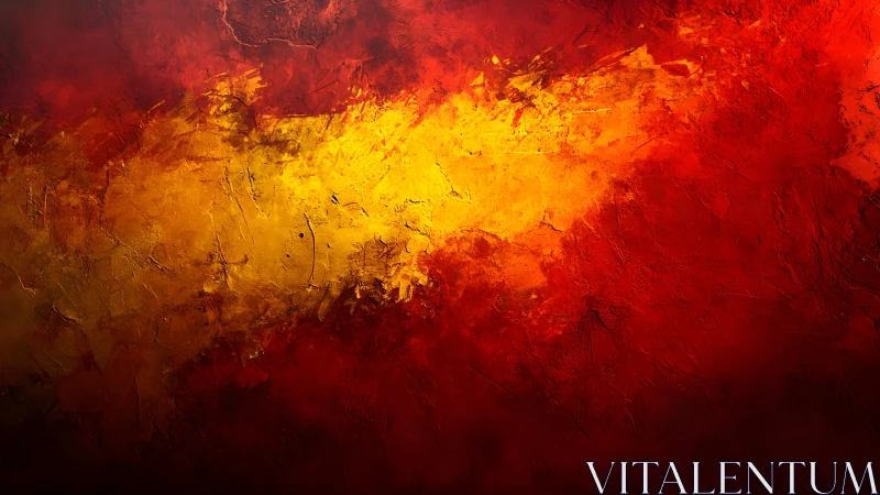 Fiery Abstract Textured Painting with Red and Yellow Brushstrokes.