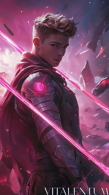 Starlit cyber warrior poised within glowing neon storm.