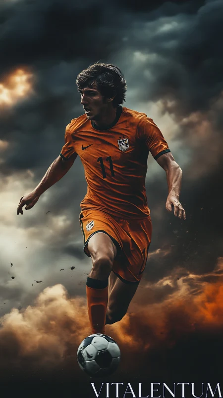 Dynamic soccer forward sprinting through storm clouds.