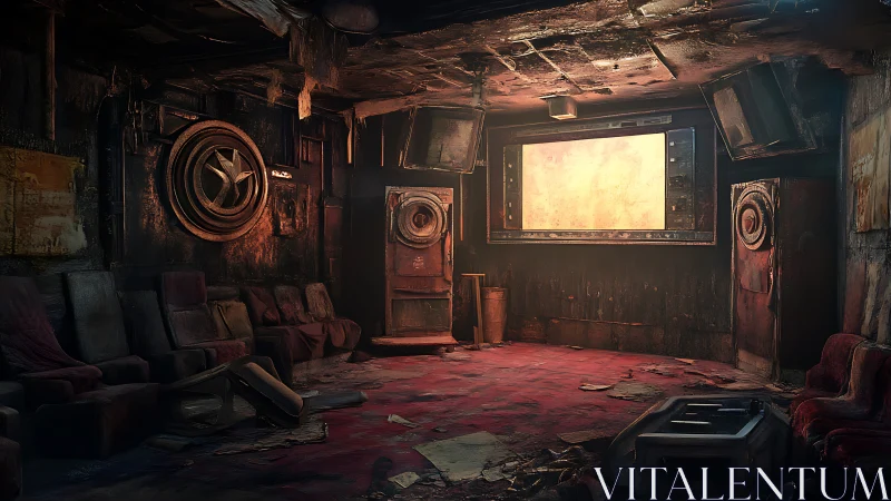 Decayed underground theater holds silent scorched screen