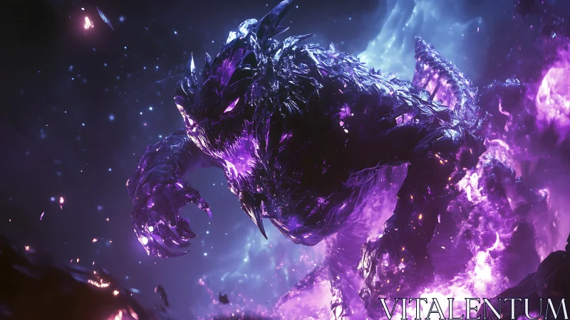 Starlit void beast rising through glowing violet storm.