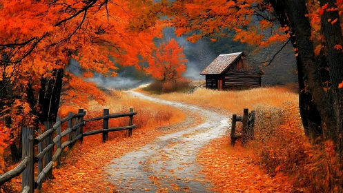 Autumn forest path leading toward rustic wooden cabin.