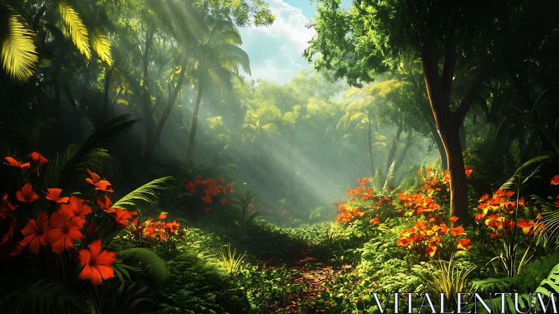 Rainforest scene with volumetric light rays illuminating tropical canopy pathways