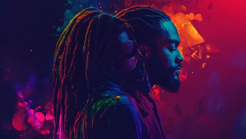 Dual side-profile portrait in neon bicolor ambient light.