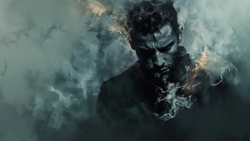 Smoke-burnished thoughts drift loose from a storm-lit mind