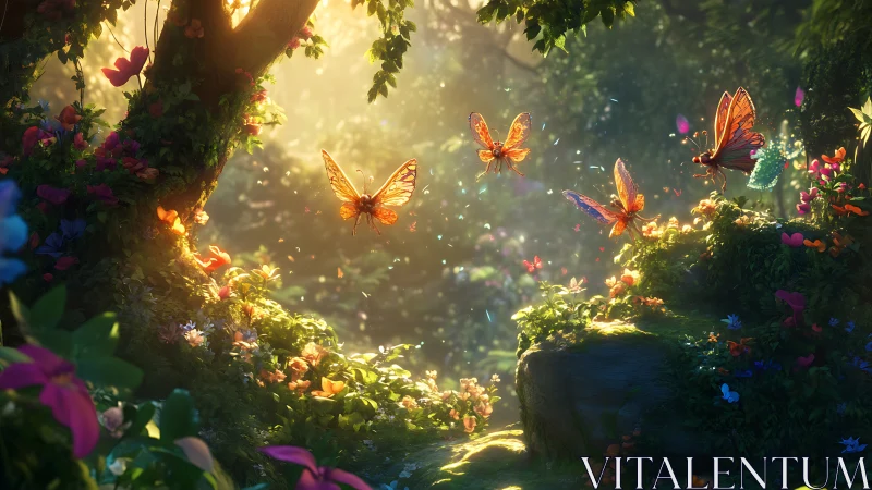 Iridescent butterflies in sunlit enchanted forest glade