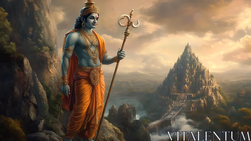 Mythic deity overlooking monumental temple city landscape.