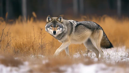 Grey wolf strides through golden winter grassland at dusk
