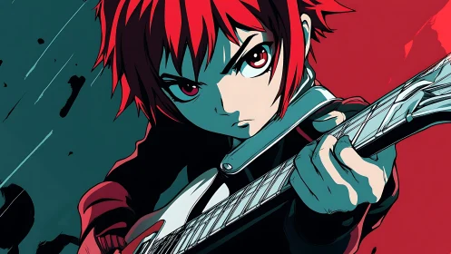 Red haired anime guitarist stares forward while playing electric guitar