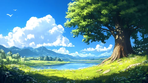 Large tree by bright riverside meadow under blue sky.