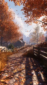 Procedural autumn lane with volumetric light and foliage simulation.