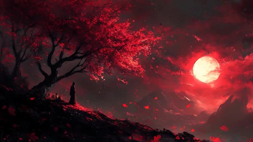 Wanderer beneath crimson moonlight and whispering leaves.
