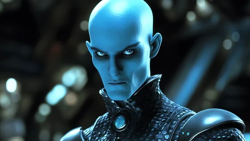 Intense blue alien commander glares within a dark starship