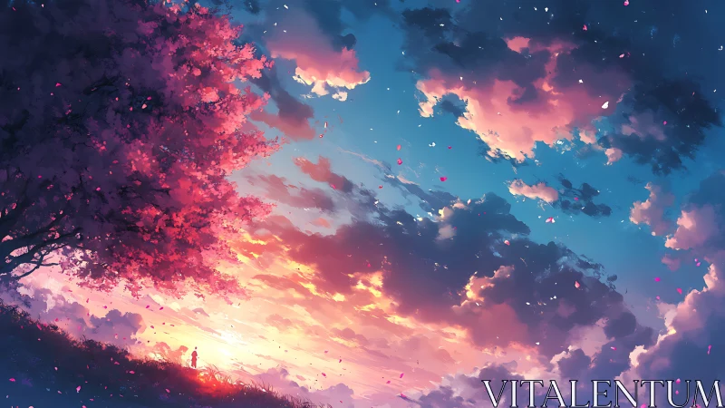 Pink blossom tree over glowing sunset clouds and sky.