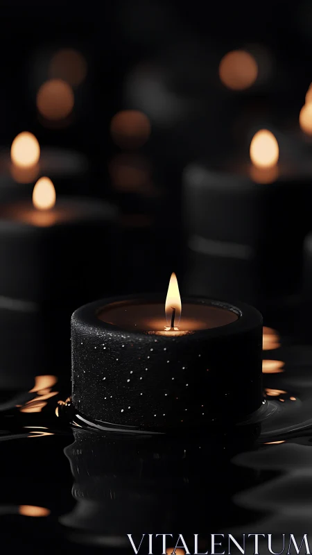 Single black floating candle with flame in dark liquid.