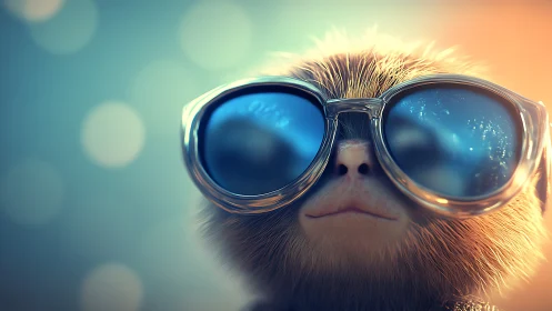 Cool kitten wears oversized blue sunglasses in sunset glow.