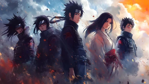 Anime warriors stand in smoky battlefield lighting gradient