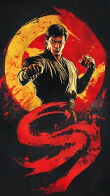 Martial artist strikes forward before red and yellow circle