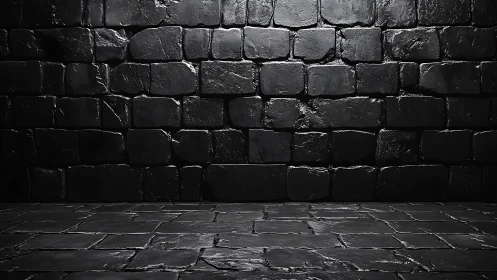 High contrast black stone wall and floor with glossy texture