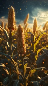 Golden cornfield glowing softly under a dreamy night sky.