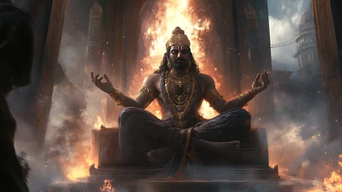 Digital painting of divine yogi amid infernal temple blaze.