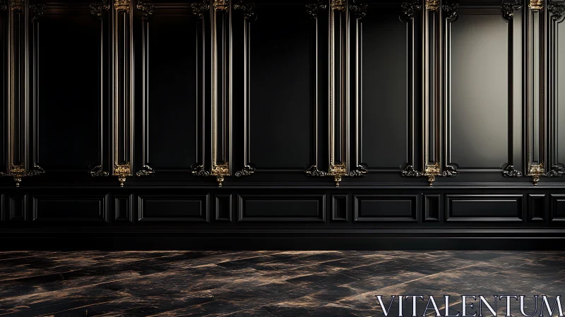 Opulent black wall with gilded neoclassical panels in shadow.