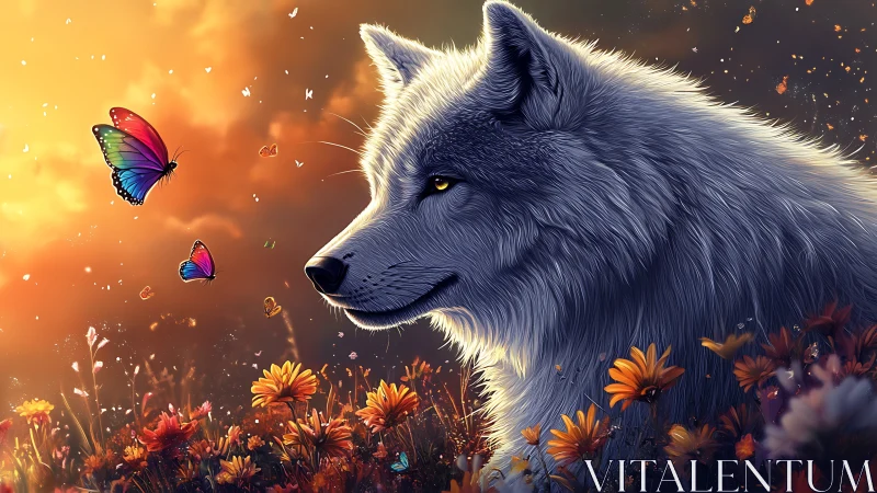 Twilight meadow wolf watching rainbow-winged whispers.