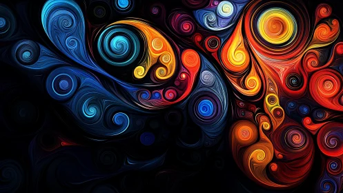 Vivid swirling fractal waves in blue, red, and gold motion.