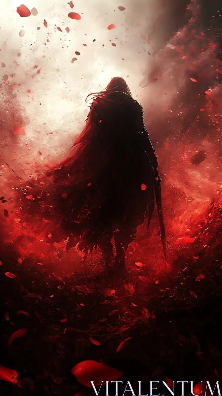 Lone cloaked warrior walks through a storm of crimson embers