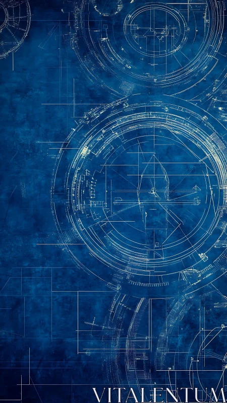 Futuristic circular interface blueprint on deep blue field.