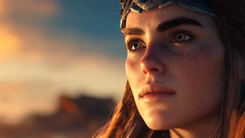 Sunlit warrior gazes into horizon with quiet resolve.