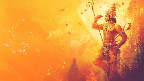 Digital painting of heroic deity in luminous orange field.