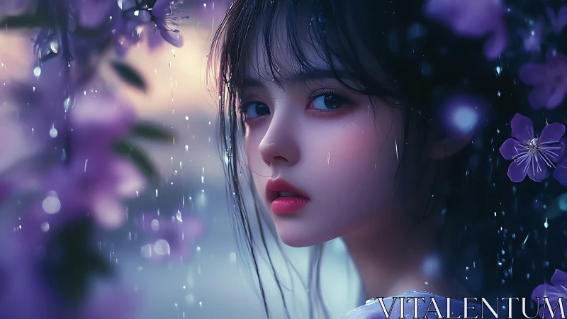 Side portrait of young woman in rain with violet flowers.