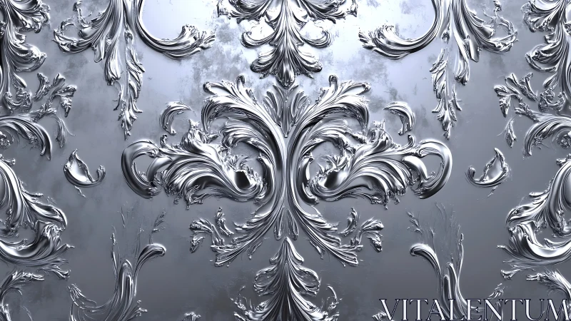 Polished silver baroque floral pattern in close detail.