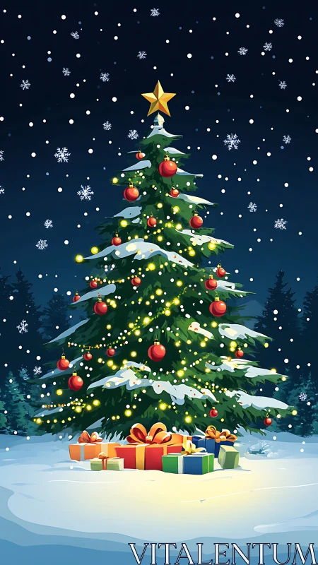 Snowy Christmas tree with golden lights and wrapped gifts.