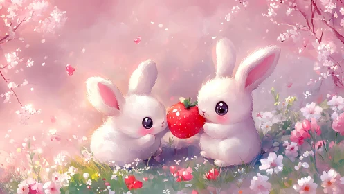 Blossom meadow bunnies sharing a single bright strawberry.